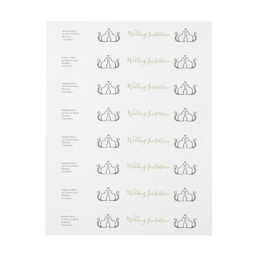 Cute Green Hearts Black Cats Wedding Invitation Adreslabel Wikkel (Vel)
