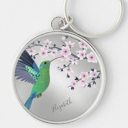 Cute Green Hummingbird Cherry Blossom Add Name Ke Sleutelhanger (Voorkant)