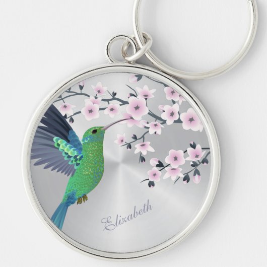 Cute Green Hummingbird Cherry Blossom Add Name Ke Sleutelhanger (Voorkant)