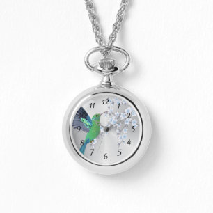 Cute Green Hummingbird Cherry Blossom Horloge