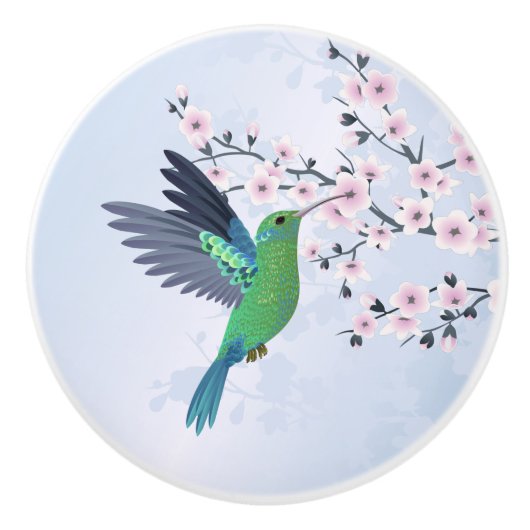 Cute Green Hummingbird Cherry Blossom Keramische Knop (Voorkant)