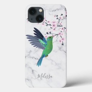 Cute Green Hummingbird Cherry Blossom Monogram Case-Mate iPhone Case