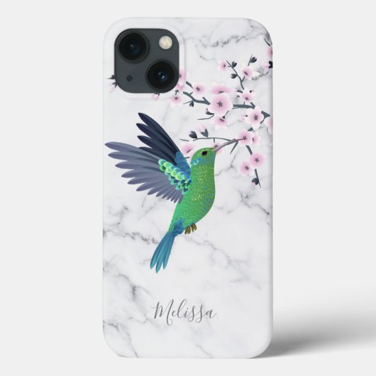 Cute Green Hummingbird Cherry Blossom Monogram Case-Mate iPhone Case (Achterkant)