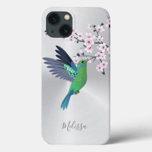 Cute Green Hummingbird Cherry Blossom Monogram Case-Mate iPhone Case