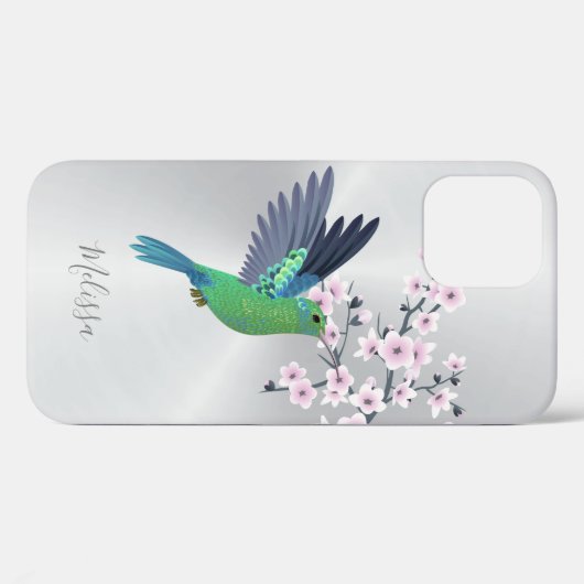 Cute Green Hummingbird Cherry Blossom Monogram Case-Mate iPhone Case (Achterkant (horizontaal))