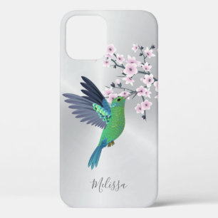 Cute Green Hummingbird Cherry Blossom Monogram Case-Mate iPhone Case