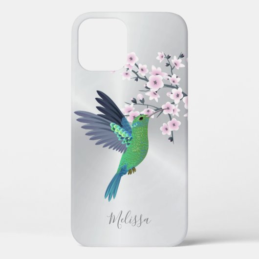 Cute Green Hummingbird Cherry Blossom Monogram Case-Mate iPhone Case (Achterkant)