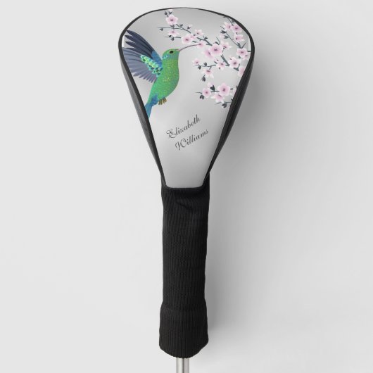 Cute Green Hummingbird Cherry Blossom Voeg Naam to Golfheadcover (Voorkant)