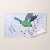 Cute Green Hummingbird Cherry Blossom Voeg Naam to Handdoek (Handdoek)