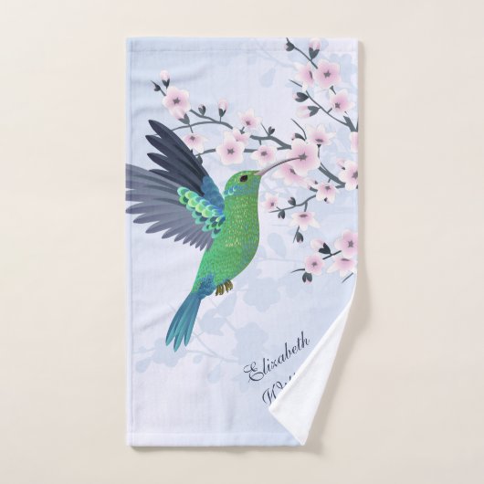 Cute Green Hummingbird Cherry Blossom Voeg Naam to Handdoek (Handdoek)