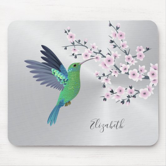 Cute Green Hummingbird Cherry Blossom Voeg Naam to Muismat (Voorkant)