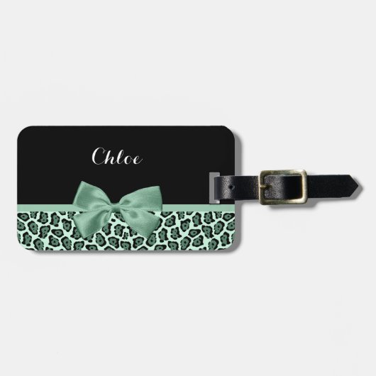 Cute Green Jaguar Print Girly Jade Bow en Name Bagagelabel (Voorkant horizontaal)