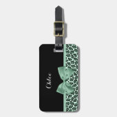 Cute Green Jaguar Print Girly Jade Bow en Name Bagagelabel (Voorkant verticaal)
