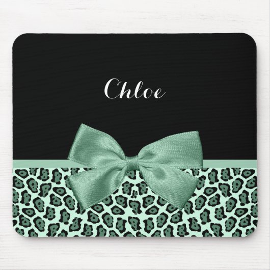 Cute Green Jaguar Print Girly Jade Bow en Name Muismat (Voorkant)