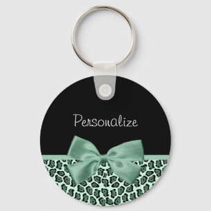 Cute Green Jaguar Print Girly Jade Bow en Name Sleutelhanger