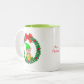 Cute Green Kerstmis Elf en Kerstmis Wreater Tweekleurige Koffiemok (Voorkant links)