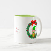 Cute Green Kerstmis Elf en Kerstmis Wreater Tweekleurige Koffiemok (Voorkant rechts)