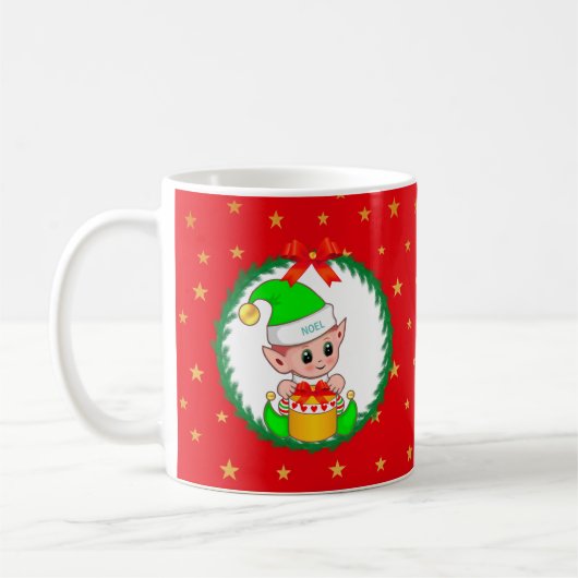Cute Green Kerstmis Elf, Pine Wreath & Stars Koffiemok (Links)
