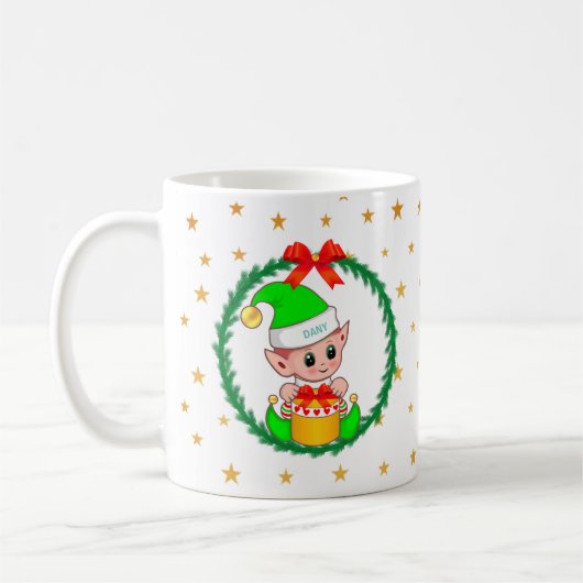 Cute Green Kerstmis Elf, Pine Wreath & Stars Koffiemok (Links)
