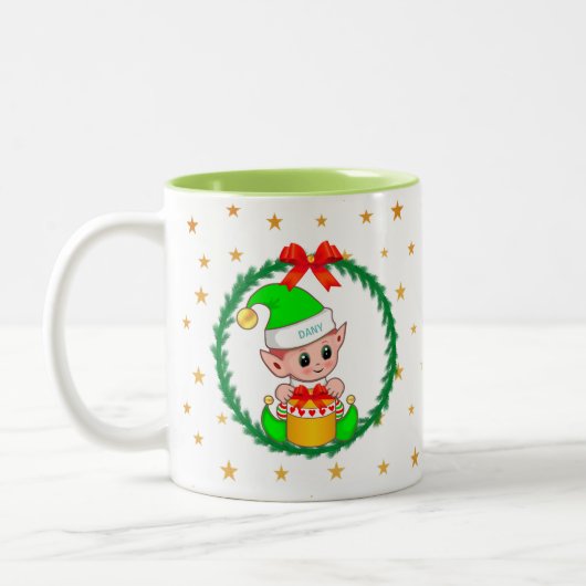 Cute Green Kerstmis Elf, Pine Wreath & Stars Tweekleurige Koffiemok (Links)