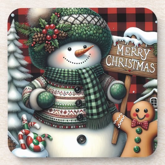 Cute Green Kerstmis Snowman Bier Onderzetter (Voorkant)