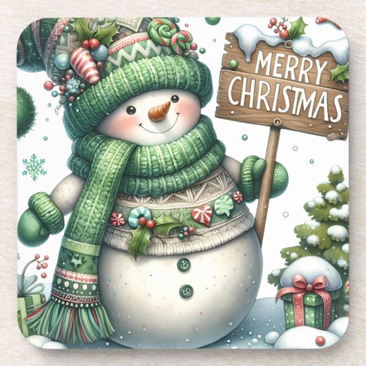 Cute Green Kerstmis Snowman Bier Onderzetter (Voorkant)