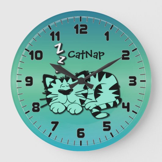 Cute Green Kitty Cat Nap Wall Clock Grote Klok (Voorkant)