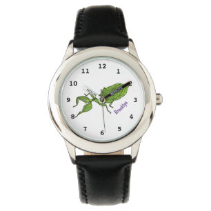 Cute green leaf insect cartoon horloge