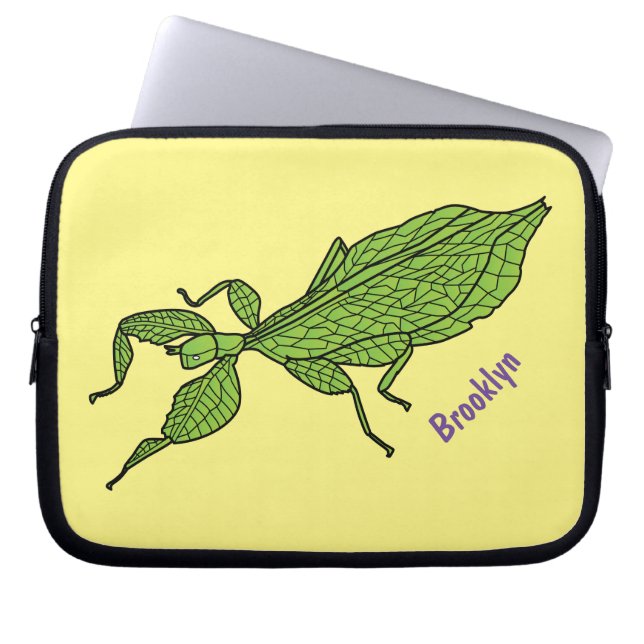 Cute green leaf insect cartoon laptop sleeve (Voorkant)