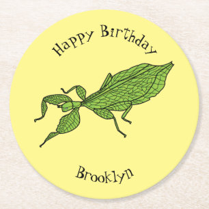 Cute green leaf insect cartoon ronde kartonnen onderzetter