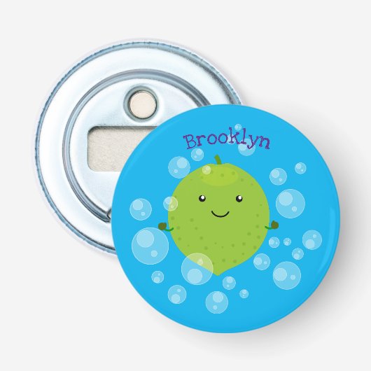 Cute green limoen bubbles cartoon afbeelding button flesopener (Voorkant)