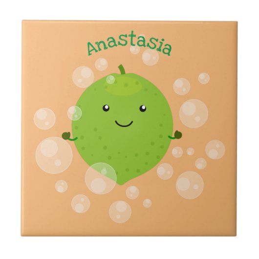 Cute green limoen bubbles cartoon afbeelding tegeltje (Voorkant)
