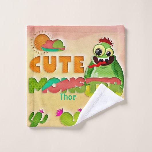 Cute Green Monster Custom Name  Washandje (Wasdoekje)