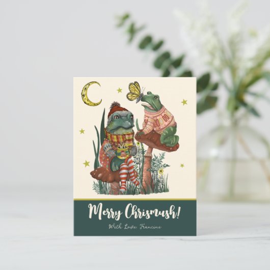 Cute Green Mushroom Kikker en Toad Merry Kerstmis Feestdagenkaart (Staand voorkant)