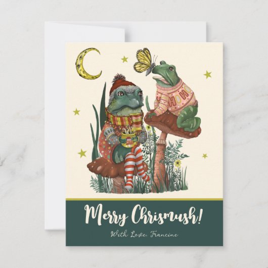 Cute Green Mushroom Kikker en Toad Merry Kerstmis Feestdagenkaart (Voorkant)