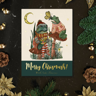 Cute Green Mushroom Kikker en Toad Merry Kerstmis Folie Feestdagen Briefkaart