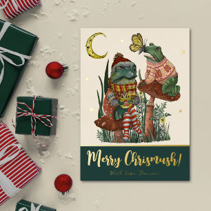 Cute Green Mushroom Kikker en Toad Merry Kerstmis Folie Feestdagenkaart