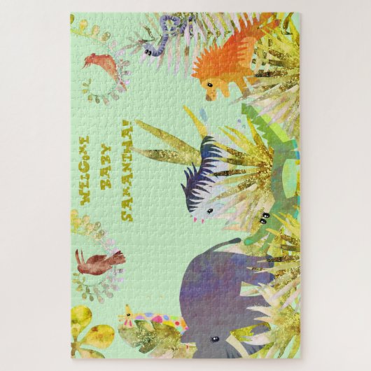 Cute Green Oranje Blue Waterverf Oerwoud Animals Legpuzzel (Verticaal)