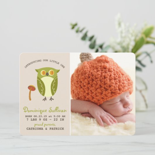 Cute Green Owl Foto Birth Announance Aankondiging (Staand voorkant)