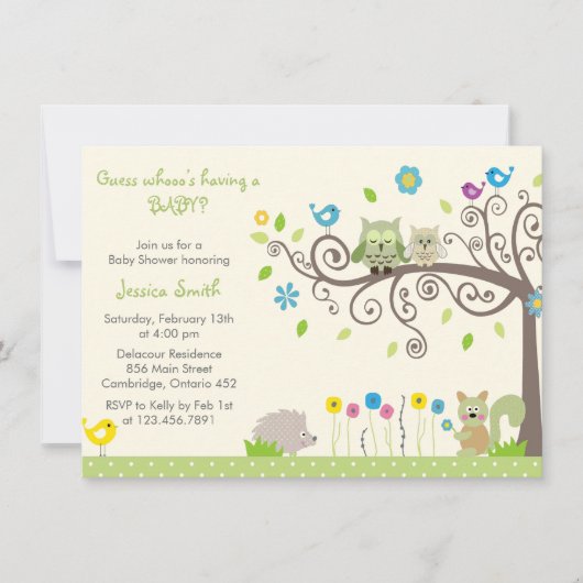 Cute Green Owl Neutral Baby Shower Invitations Kaart (Voorkant)