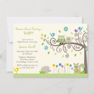 Cute Green Owl Neutral Baby Shower Invitations Kaart
