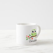 Cute green owl on floral branch personalized name espresso kop (Voorkant rechts)