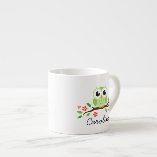 Cute green owl on floral branch personalized name espresso kop (Voorkant rechts)