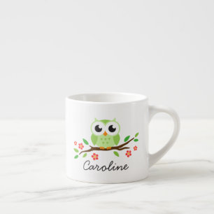 Cute green owl on floral branch personalized name espresso kop