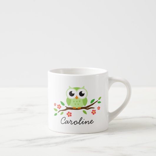 Cute green owl on floral branch personalized name espresso kop (Rechts)