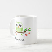 Cute green owl on floral branch personalized name koffiemok (Voorkant links)
