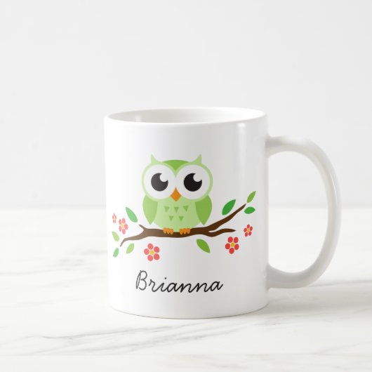 Cute green owl on floral branch personalized name koffiemok (Rechts)