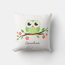 Cute green owl on floral branch personalized name kussen
