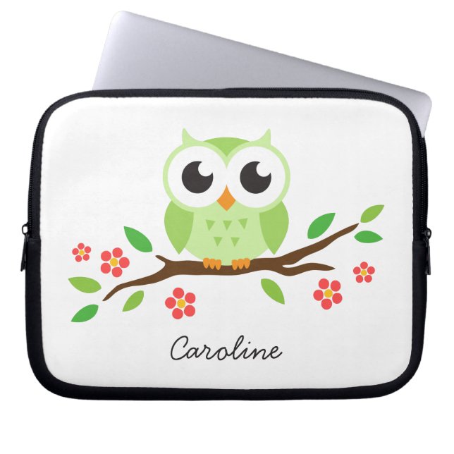 Cute green owl on floral branch personalized name laptop sleeve (Voorkant)