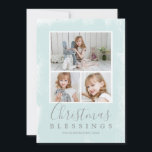 Cute Green Photo Collage Religieuze Kerstmis Feestdagenkaart<br><div class="desc">Verstuur een feestkertje met deze eenvoudige en moderne platte kerstkaart met een fotocollage met drie van uw favoriete familiefoto's op een groene achtergrond voor een munt aan de voorzijde en één foto aan de achterzijde. Het front heeft de religieuze groet,  "kerstzegeningen" samen met je familienaam en het jaar.</div>